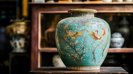 Fototapeta premium Antique ceramic vase with vibrant floral and bird motifs