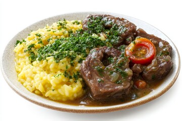 A delicious plate of tender beef stew served alongside creamy yellow risotto, garnished with fresh herbs and cherry tomatoes, set against a clean white background, perfect for culinary showcases