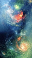Abstract cosmic scene with swirling colors and patterns resembling a galaxy.