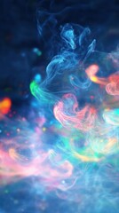 A colorful abstract swirl of smoke and light against a dark background.