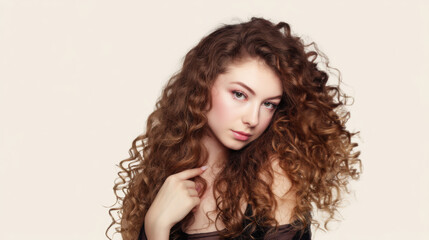 Naklejka premium An eye-catching stock photo of young woman with voluminous ringlet curls, studio portrait, ideal for creative, commercial, or editorial purposes.