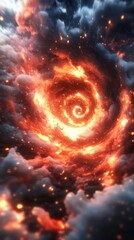 A swirling, fiery cosmic vortex surrounded by dark clouds, evoking a sense of mystery.