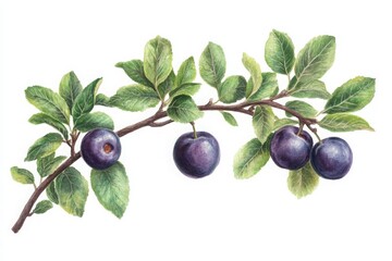 A detailed illustration of a branch with ripe plums surrounded by lush green leaves, showcasing the natural beauty of fruit-bearing plants in a serene and vibrant setting