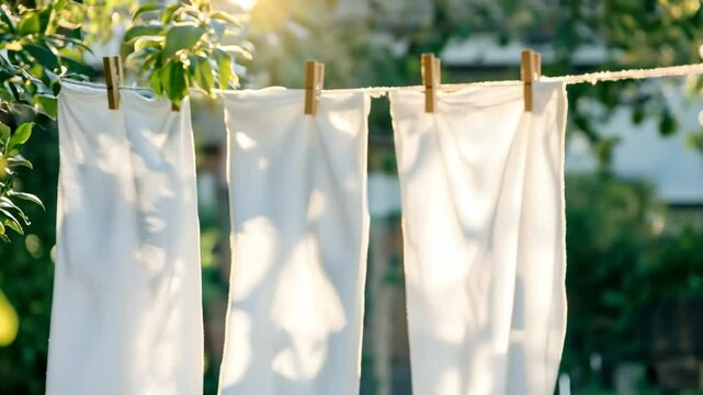 Sunlight Illuminates Freshly Washed White Clothes Hanging on a Clothesline Outdoors