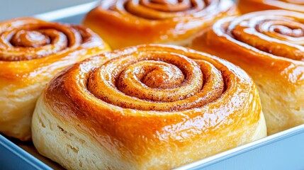 Fototapeta premium Golden Brown Cinnamon Rolls in Baking Pan Close Up