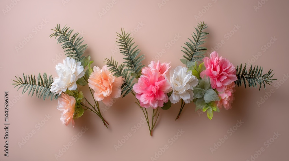 Leinwandbilder lush faux flowers and greenery are arranged in a flat lay style against a soft pastel background, cr