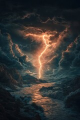 Fototapeta premium Epic lightning storm over mountain river