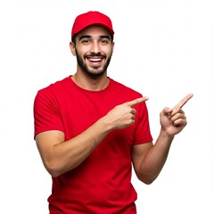 Naklejka premium Happy Delivery Man Pointing to the Side, Excellent Service, Fast Delivery