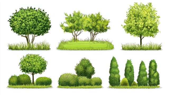 Set of rolling green lawns with dense bushes and leafy trees on white background.