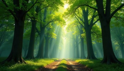 Obraz premium Towering trees, dappled sunlight filtering through, outdoor, sunlight, growth