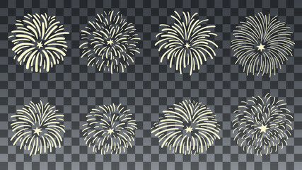 Fireworks set isolated on a dark transparent background. Hand-drawn firework еlements for a holiday banner, poster or card. Simple flat vector design