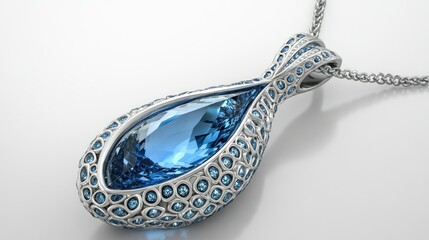A stunning teardrop pendant necklace featuring a large blue gemstone