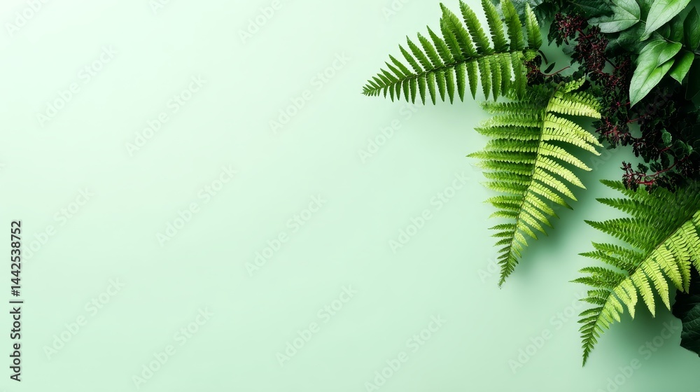 Aufkleber delicate fern leaves create a serene composition on a mint green surface, providing ample copy space