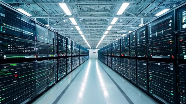 Hightech data center with endless rows of servers and glowing lights in a futuristic environment