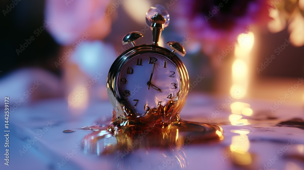 Poster artistic representation of a clock submerged in liquid, capturing the essence of time and fluidity i