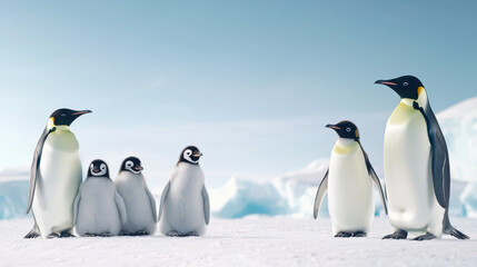 Fototapeta premium family of penguins huddled together on snowy landscape, showcasing their bond and warmth in cold environment