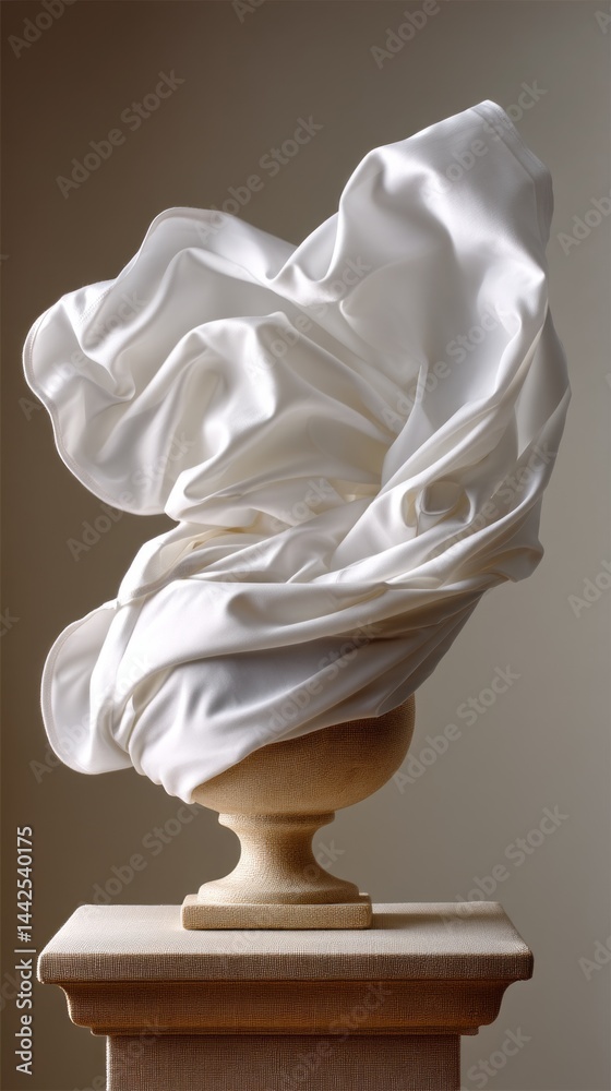 Poster a flowing white cloth gracefully covers a pedestal, its soft folds creating a dynamic interplay of l