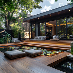 Bright airy photo of a minimalist deck featuring dark floors, low neutral modular seating, and a lively wild green backdrop, using a soft natural paletteRed Devil,