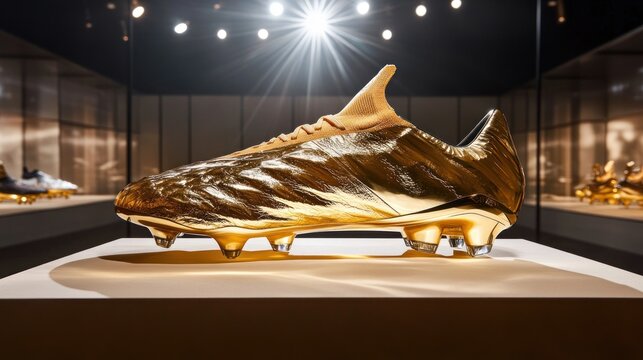Golden soccer cleats on display. Exquisite, gold-plated football boots showcased on a pedestal, illuminated by spotlights and a spotlight effect