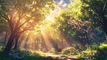 Fototapeta premium Sunlit path through lush green forest with blooming trees day sky road walk view woods light fresh