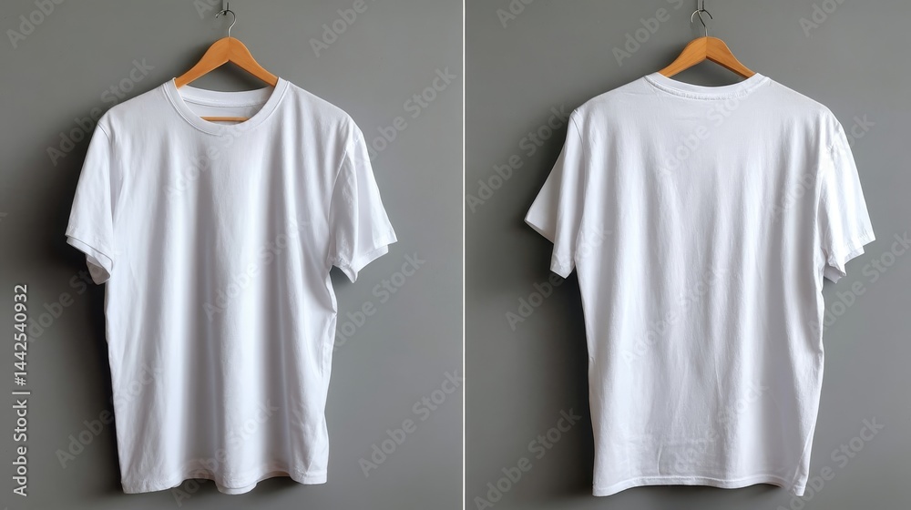 Fototapete front and back views of a plain white men's t-shirt displayed flat against a seamless backdrop, offe