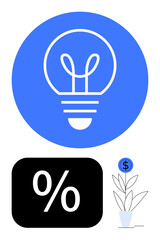 Lightbulb inside blue circle for ideas, percentage sign highlighting calculations, small money plant with blue dollar flower representing growth. Ideal for innovation, creativity, finance, growth