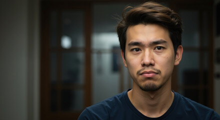Obraz premium Asian young man with slight frown, dark indoor background. Emotion, stress, mental health, youth, wellness, support, awareness, sale, lifestyle, horizontal banner