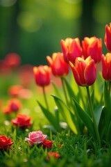 Vibrant tulips, blooming roses, lush green grass, vibrant, flora, colorful