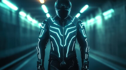 Futuristic cyberpunk rider in glowing suit