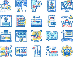 Password Protection set Icons hand drawn Illustration