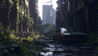 Una ciudad vacía, invadida por la vegetación. Las enredaderas crecen sobre rascacielos abandonados y el musgo cubre las calles. Un coche averiado está parcialmente enterrado bajo tierra y hojas.