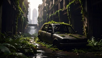 Una ciudad vacía, invadida por la vegetación. Las enredaderas crecen sobre rascacielos abandonados y el musgo cubre las calles. Un coche averiado está parcialmente enterrado bajo tierra y hojas.