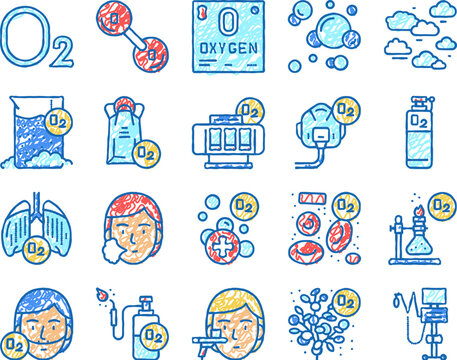 Oxygen O2 Chemical set Icons hand drawn
