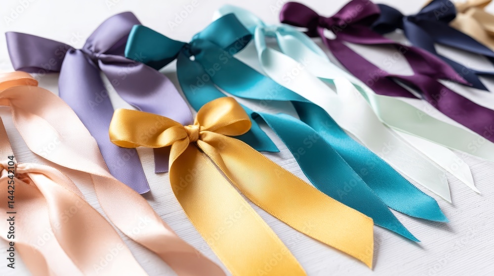 Poster Satin ribbon bows in various colors display intricate folds and a glossy sheen, providing a visually appealing detail with room for additional content on the right