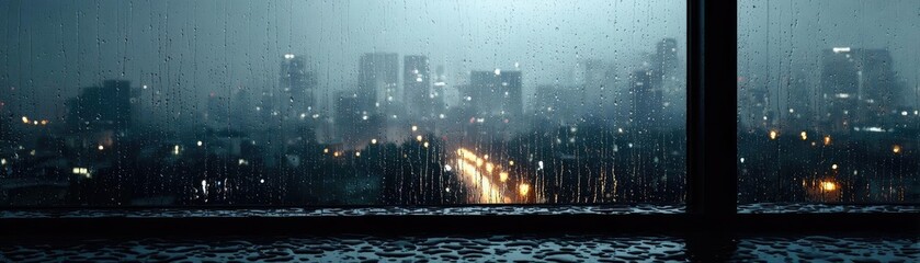 Fototapeta premium Raindrop on a window with cityscape texture and sad atmosphere concept. Urban landscape at night during a heavy rainstorm with lights.