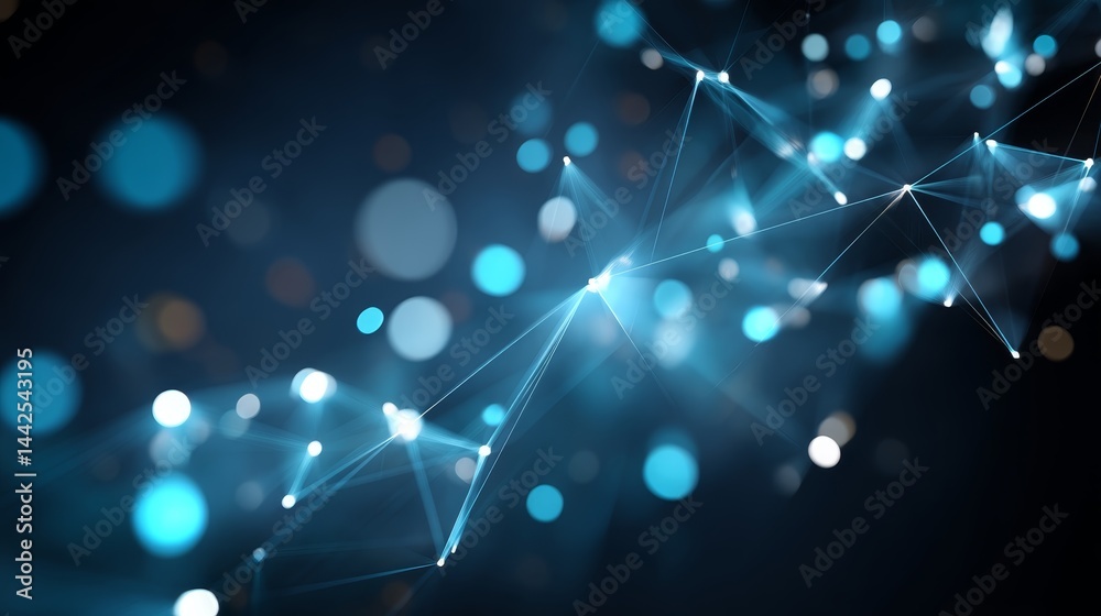 Poster Glowing blue holographic lines and nodes create a futuristic digital network over a dark backdrop, symbolizing global connectivity and technological advancement