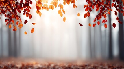 Crimson and amber leaves gracefully fall against a blurred forest background as soft sunlight filters through trees, creating a warm, inviting atmosphere
