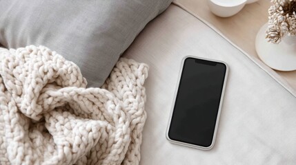 Blank smartphone rests on a soft knitted throw blanket in a serene living room, inviting a sense of comfort and relaxation with potential for personalization