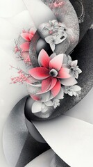 A stylized floral design featuring pink and white flowers intertwined with abstract shapes.