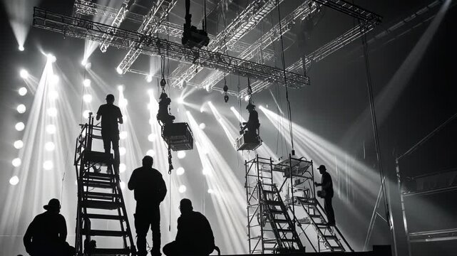 Backstage: stage crew working on lighting rig for a concert or event.
