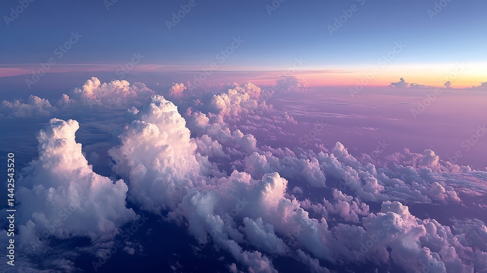 Poster Layers of pink and purple clouds fill the sky as the sun sets on the horizon, creating a breathtaking view with plenty of space on the left for text or design elements