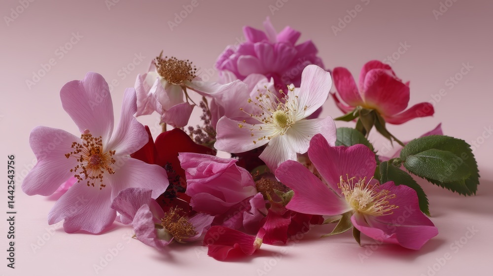 Poster an assortment of rose-colored blossoms is beautifully arranged on a soft pink background, creating a