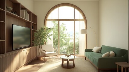 Fototapeta premium Modern living room, green sofa, arched window, sunlit, nature view, interior design