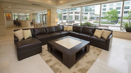 Fototapeta premium Contemporary lounge area showcases sleek leather seating and geometric furniture with neutral tones, offering a welcoming atmosphere and plenty of copy space