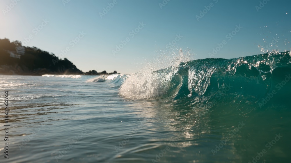 Poster A stunning low-angle shot of a turquoise wave crashing at golden hour, with sunlight creating beautiful refracted patterns and water spray frozen in motion