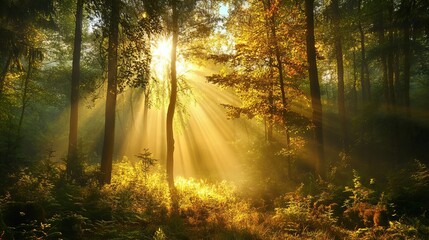 Obraz premium Golden sunlight rays in a misty forest scene with tall trees calm dark green beams woods image photo