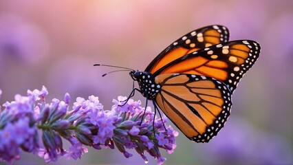 Fototapeta premium Macro Monarch Butterfly on Lavender at Dewy Sunrise
