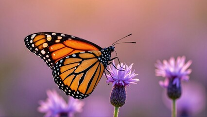 Obraz premium Macro Monarch Butterfly on Lavender at Dewy Sunrise