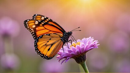 Obraz premium Macro Monarch Butterfly on Lavender at Dewy Sunrise