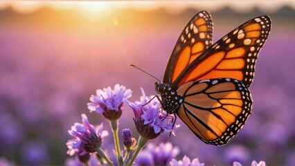 Fototapeta premium Macro Monarch Butterfly on Lavender at Dewy Sunrise